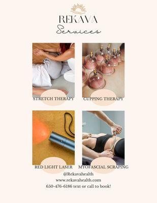 We offer stretch therapy, cupping, red light laser, and myofascial or muscle scraping. Reach out to book your treatment today!