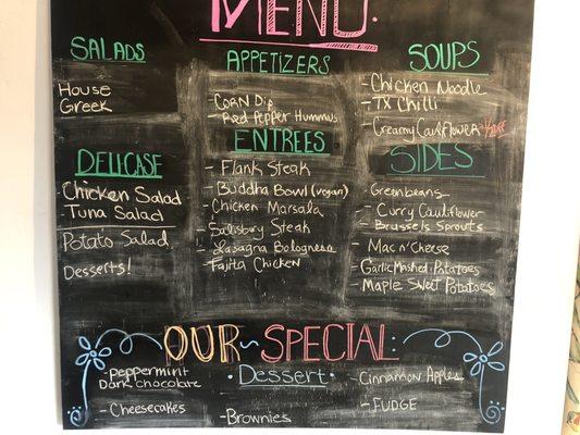 Daily menu- rotating selections. Call to see what we have today. 970-446-6917