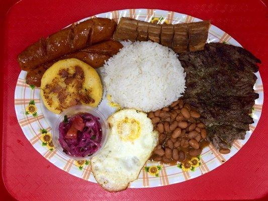 Bandeja LJ. White rice, grilled steak, sausage, chicharron, beans, sweet plantain, and potato patty