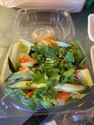 Side salad - lettuce, cucumbers, shredded carrot, and cilantro. Comes w/ a side of sweet chili dressing.