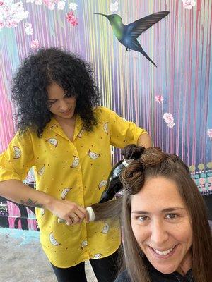 Sophie blow drying my mane