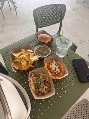 Cheese burger, Taco Chicken Al Pastor City Secret Garden Taco, Salsa and Chips (tomatillo)