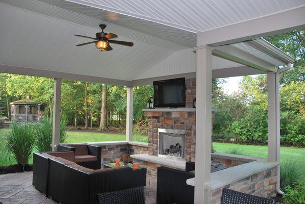 New pavilion outdoor kitchen, outdoor living room, pergola, decking in Cleveland, OH.