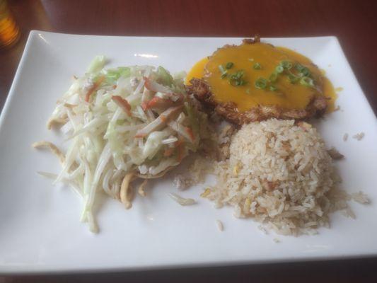 Lunch special, pork egg foo young, pork fried rice, and pork chow mein