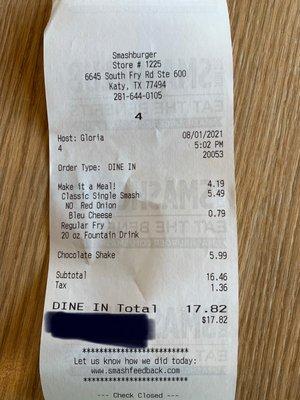 Cost of burger, fries, drink and a small shake.