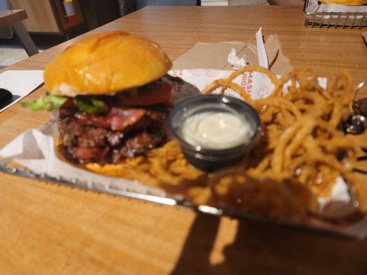 Double bacon cheeseburger with onion rings