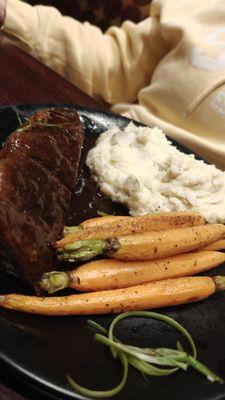 Braised shirt ribs with garlic mashed potatoes and roasted carrots