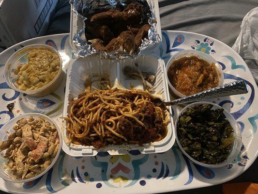 Seafood salad, Mac n cheese, Chicken & Spaghetti, Candied Yams, Collards