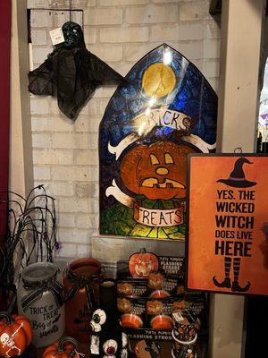 One of the stained glass windows at Tricks and Treats.