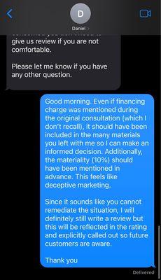 Text conversation discussing the deceptive marketing