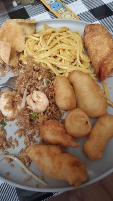 Somewhat devoured, only because I was really hungry, picture of my plate. Sad crab rangoon and cold noodles at the top of the picture.