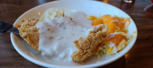 Chicken Fried Chicken, funeral potatoes and eggs.