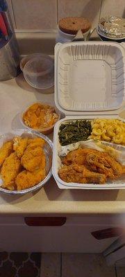 Mac and cheese collard greens fried chicken, catfish nuggets and peace cobbler. Slamming.