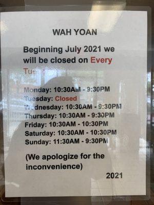 New hours. July 2021