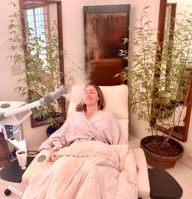 Facial steam in the zero gravity chair in massage Suite 1 @ Nahara