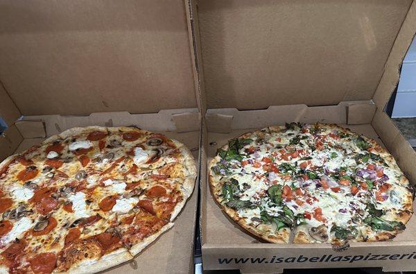 Pepperoni, mushroom and ricotta XL , and a large spinach pizza.