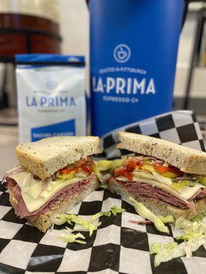 Pastrami and LaPrima coffee