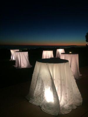 Fun cocktail tables with a beautiful sunset view!  Great idea by one of my brides!