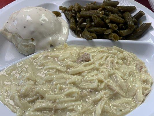 Chicken and Noodles, Mashed Potatoes and Gravy, and Green Beans.