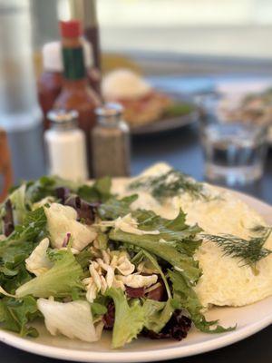 Egg White Greek Omelet with side salad. Super fresh house made dressing.