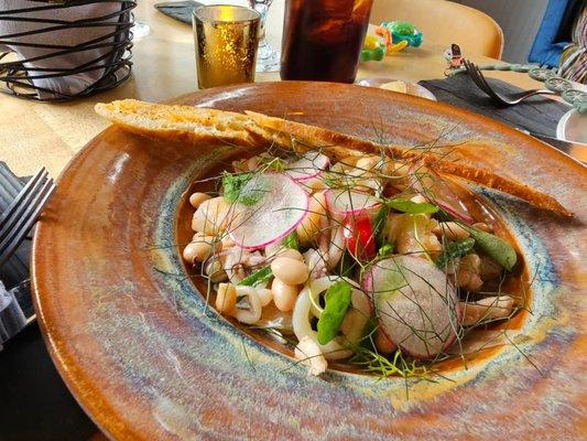 Chilled Marinated Seafood Salad with White Beans, Haricot Verts, Fennel, Cherry Peppers