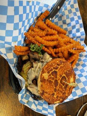 Mushroom Swiss Burger with sweet potato fries