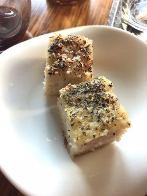 Two bread offerings: one with herbs Provence and one with the chef's take on everything bagel seasoning. Lovely start to the meal.