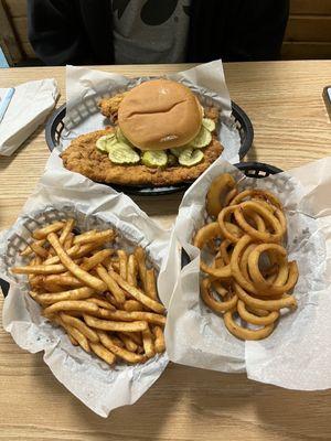 The Classic size tenderloin with fries & onion rings