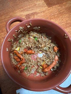 Overcooked, pork fried rice (I have never seen pork look like this in pork fried rice). Too much soy sauce, lacking in other flavors.