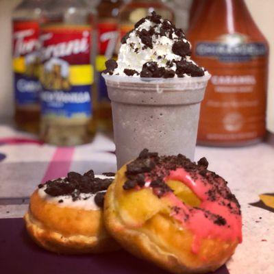 Cookies and cream blended drink and cookies and cream donut