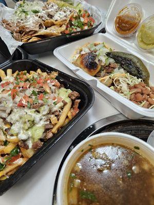 Top: Nachos birria, Street tacos (carne asada and carnitas), carne asada fries, and consume for the nachos