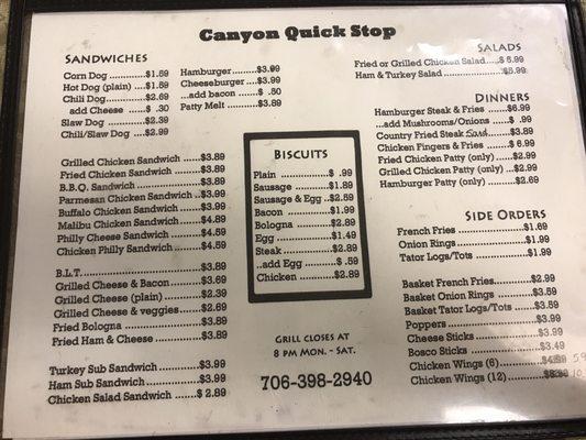 Canyon Quick stop menu