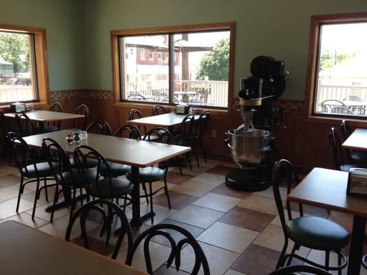 Seating area with antique mixer.