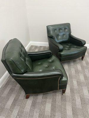 Vintage leather club chairs in classic hunter green Italian premium grain leather