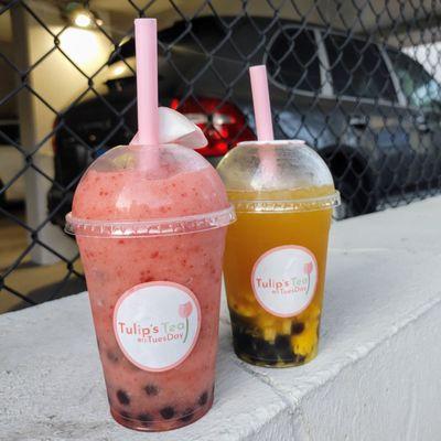 2 specials: a strawberry jasmine smoothie with boba and a mango pineapple green tea, also with boba. Vehicle not included!