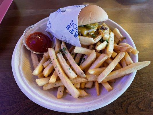 Brisket Double Cheeseburger and a side of French Fries