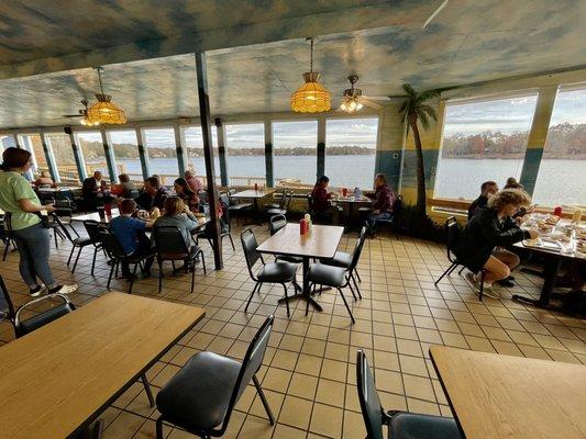 tables with a view of the lake