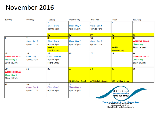 November 2016 Class Schedule Weekends or Weekdays combination Customized Class Schedule.  ADTSEA Chapter course Class Curriculum. $350/tax