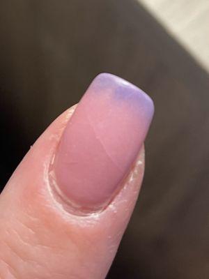 Stable crack, awful cuticle edge (11 day old dip manicure.) FYI: dip powder is temperature sensitive... pink when warm, indigo when cold.