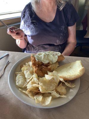 Wife's Haddock sandwich with pepper chips