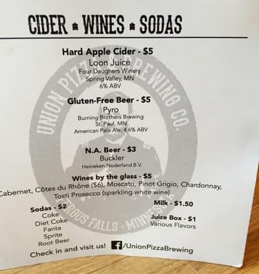 Cider, Wines, Sodas Menu