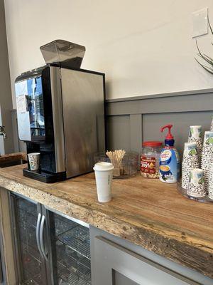 Coffee  dispenser (only coffee works) but they have cream and sugar and also dog treats.