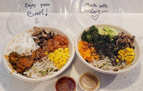 Classic Bowl  Purple Rice  Spicy Pork (on left)  Beef Bulgogi (on right)