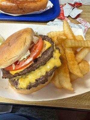 Double cheeseburger basket with crinkle fries