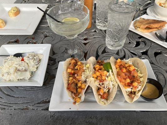 Chicken tacos, garlic potato salad