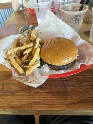 Olde Fashioned Charburger 1/2 lb, fries and chocolate shake.