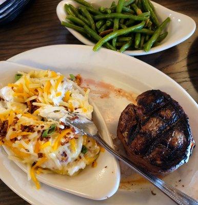 Bacon wrapped Filet Mignon with loaded smashed potatoes and green beans