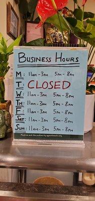 Updated hours as of 01/19/22