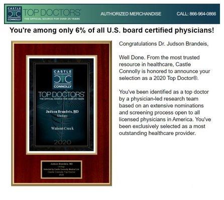 Dr Brandeis is a top urologist in the Bay Area for 9 years in a row!