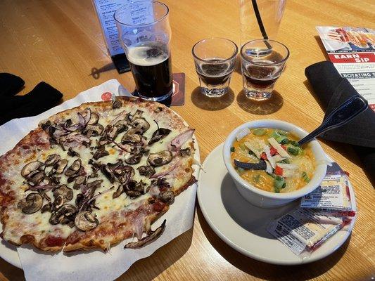 A cup of green chili soup and built my own cauliflower pizza